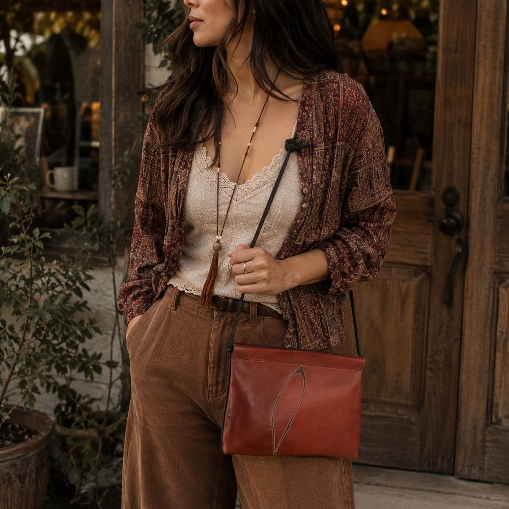 Joseph Sedeski Artisan Handmade Leather Crossbody Bag Cognac Brown Leaf Inlay